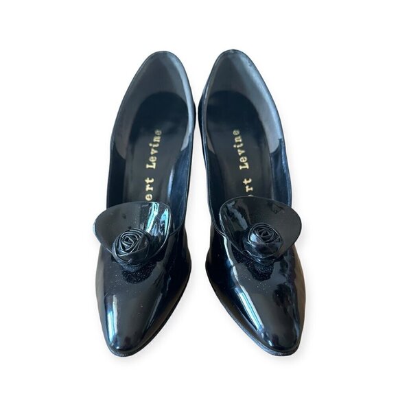 Vintage Herbert Levine Black Patent Stiletto Pumps with Rosette, Size 6AAA - Picture 4 of 16